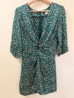 ba&sh Ruched Green Mini Dress Size 1 Small Paris V-Neck Twist Front